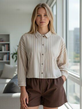 EVERLANE The Woven PJ Top Tan Stripe Size XXS NEW Long Sleeve Cropped Collar